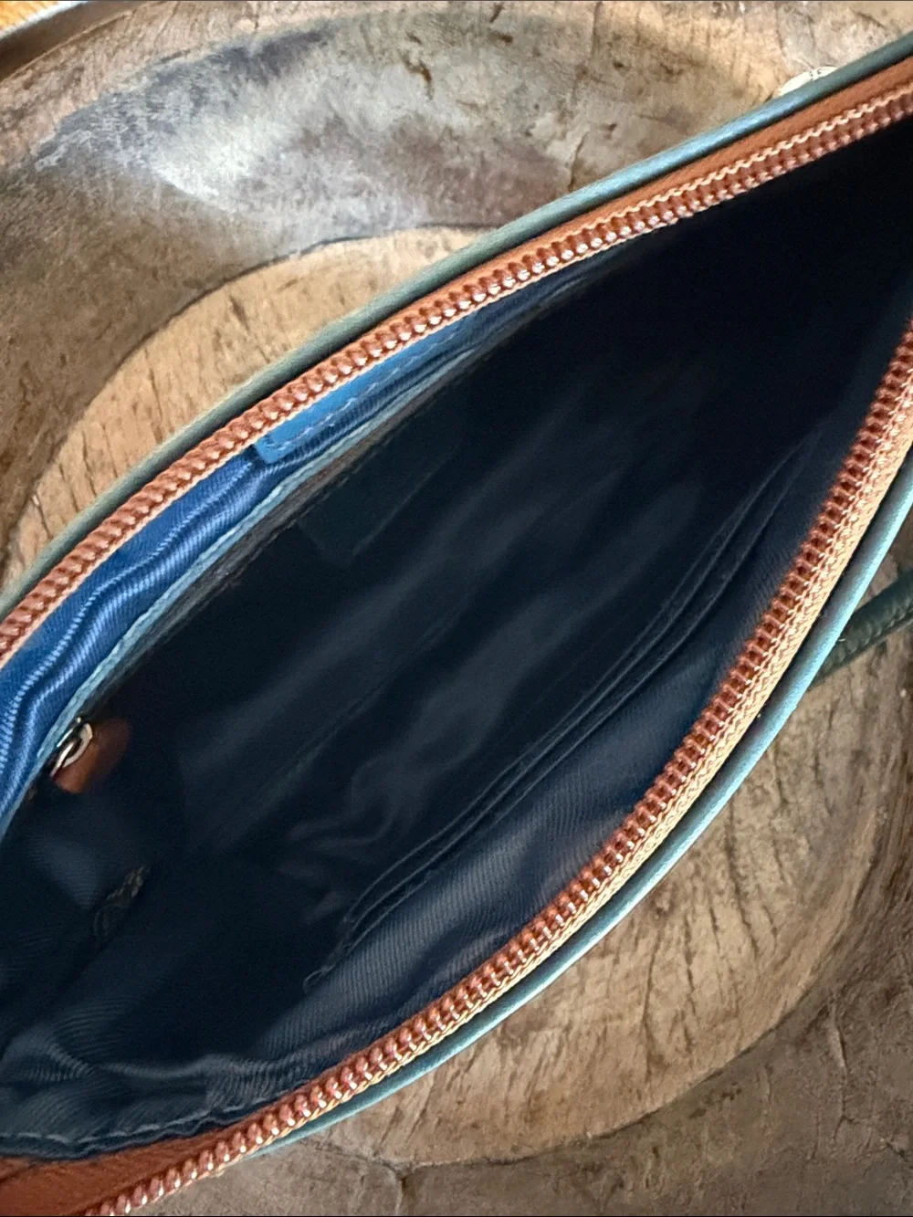 ili New York Denim Blue Brown Whip Stitch Trim Leather Wristlet